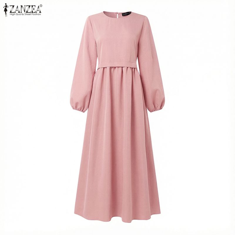 ZANZEA – robe longue kaftan musulmane pour femmes, manches lanternes, à lacets, couleur unie, plissée, robe longue islamique, Abaya