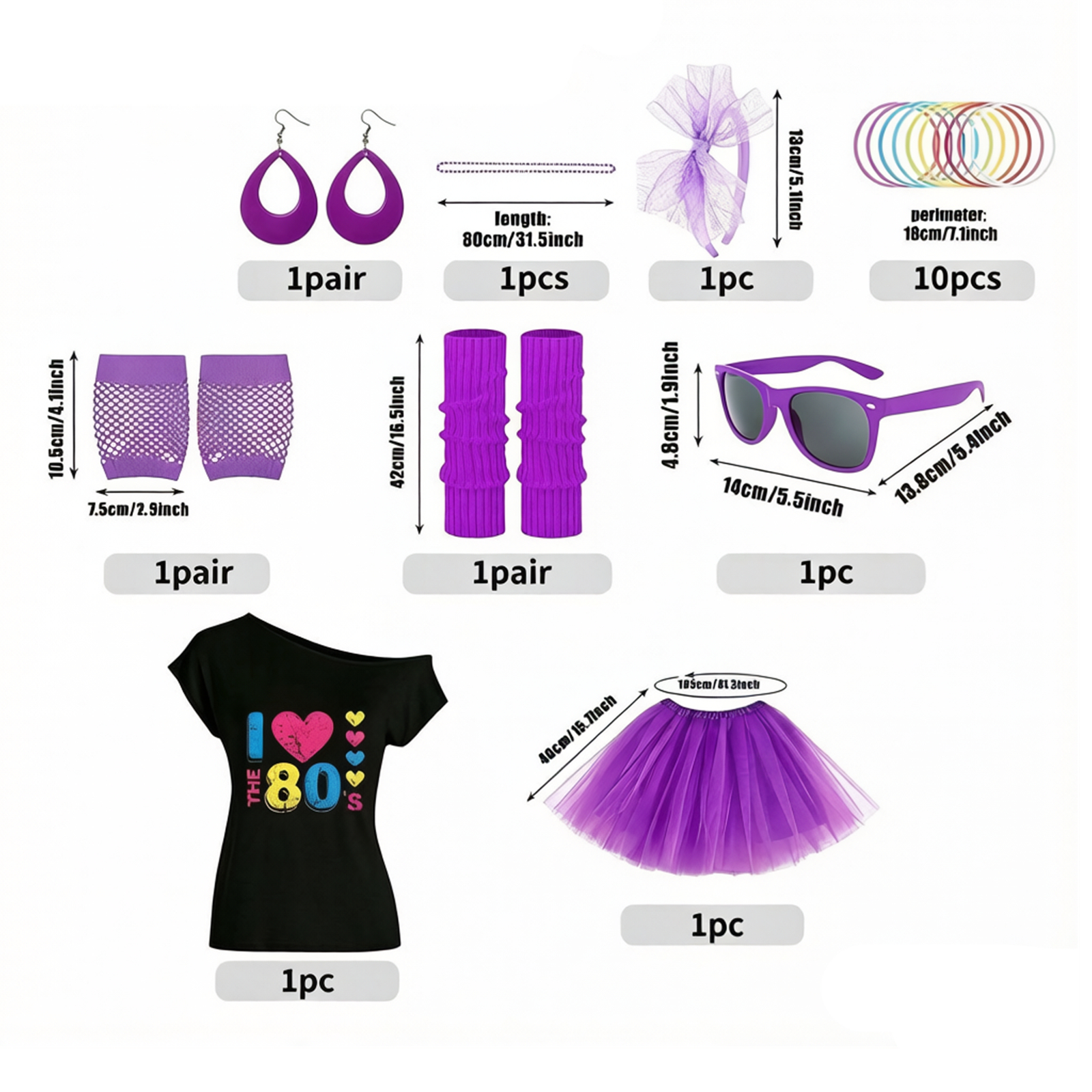 Ensemble de costumes pour femmes des années 80, t-shirt à épaules dénudées, jupe tutu, accessoires, tenue néon pour les soirées rétro, Halloween