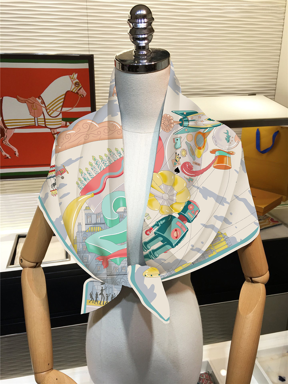 Foulard en soie sergé châle marque de luxe Fubao City Architecture Foulard carré femmes Hijabs Bandana Foulard foulard foulards