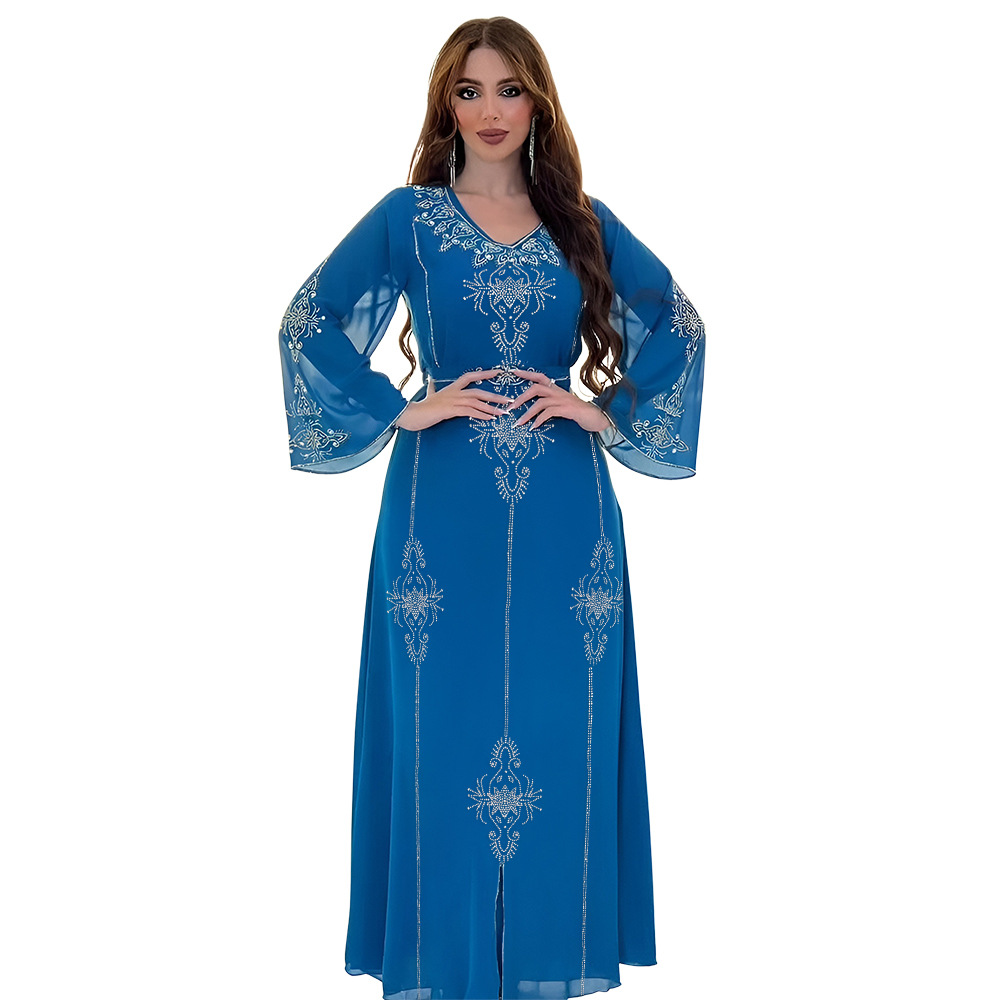 Abaya musulman en Polyester pour femmes, élégant, Orange, bleu, rose, vert, manches longues, col en v, été