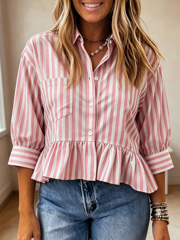 Haut à rayures décontracté, simple, élégant et charmant, polyvalent pour tous les jours, idéal pour les trajets quotidiens, col rabattu à boutons, chemise à manches trois-quarts, vêtement pour femmes.