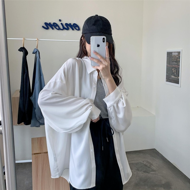 Chemise surdimensionnée pour femmes, chemisiers élégants, manches lanternes, chemise blanche, manteau Shir mi-long, tunique pour femmes, printemps été 2021