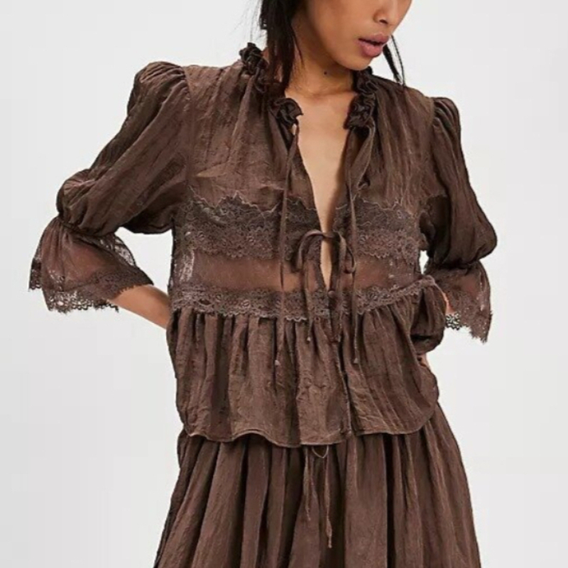 Chemisiers en dentelle pour femmes, hauts d'été Vintage, col en v, manches bouffantes, coupe ample avec boutons, chemisier décontracté, veste de lit en coton