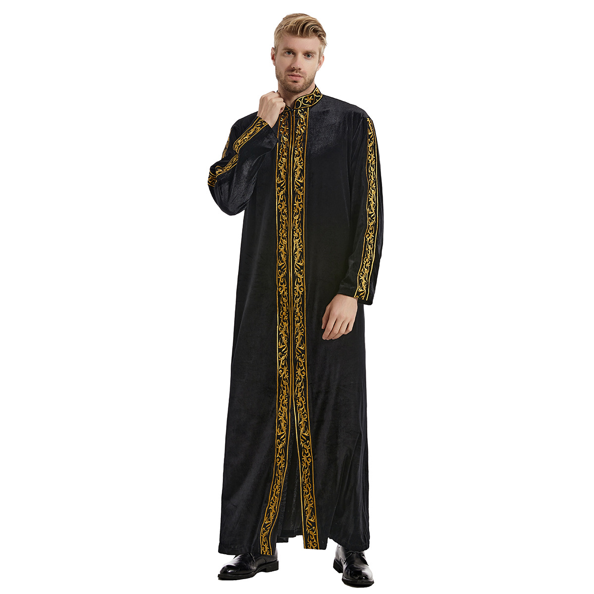 Robe musulmane du Moyen-Orient pour hommes, robe brodée en velours doré, robe de prière islamique arabe, costume national, haut à manches longues de luxe noble