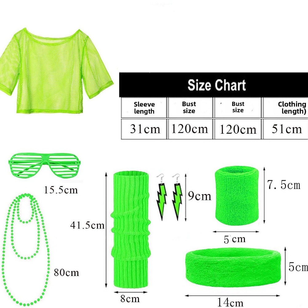 Ensemble de tenue disco hippie des années 80, haut court en maille néon, chauffe-jambes, bandeau, boucles d'oreilles, lunettes, accessoires de costume rétro pour Halloween et carnaval