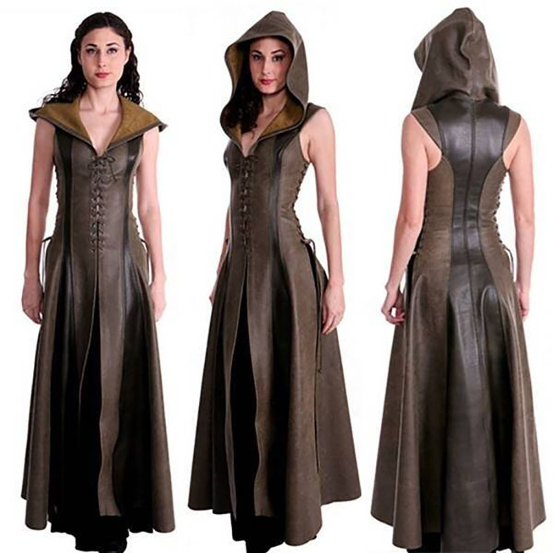Femmes médiévales Larp Archer Ranger elfe Costume femme guerrier Halloween Robin Cosplay Robe de pansement en cuir à capuche Robe Maxi cape