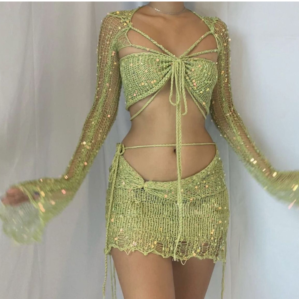 Ensemble de robes pull trois pièces pour femmes, robe évidée, haut court à manches longues, soutien-gorge et jupes, paillettes de fête
