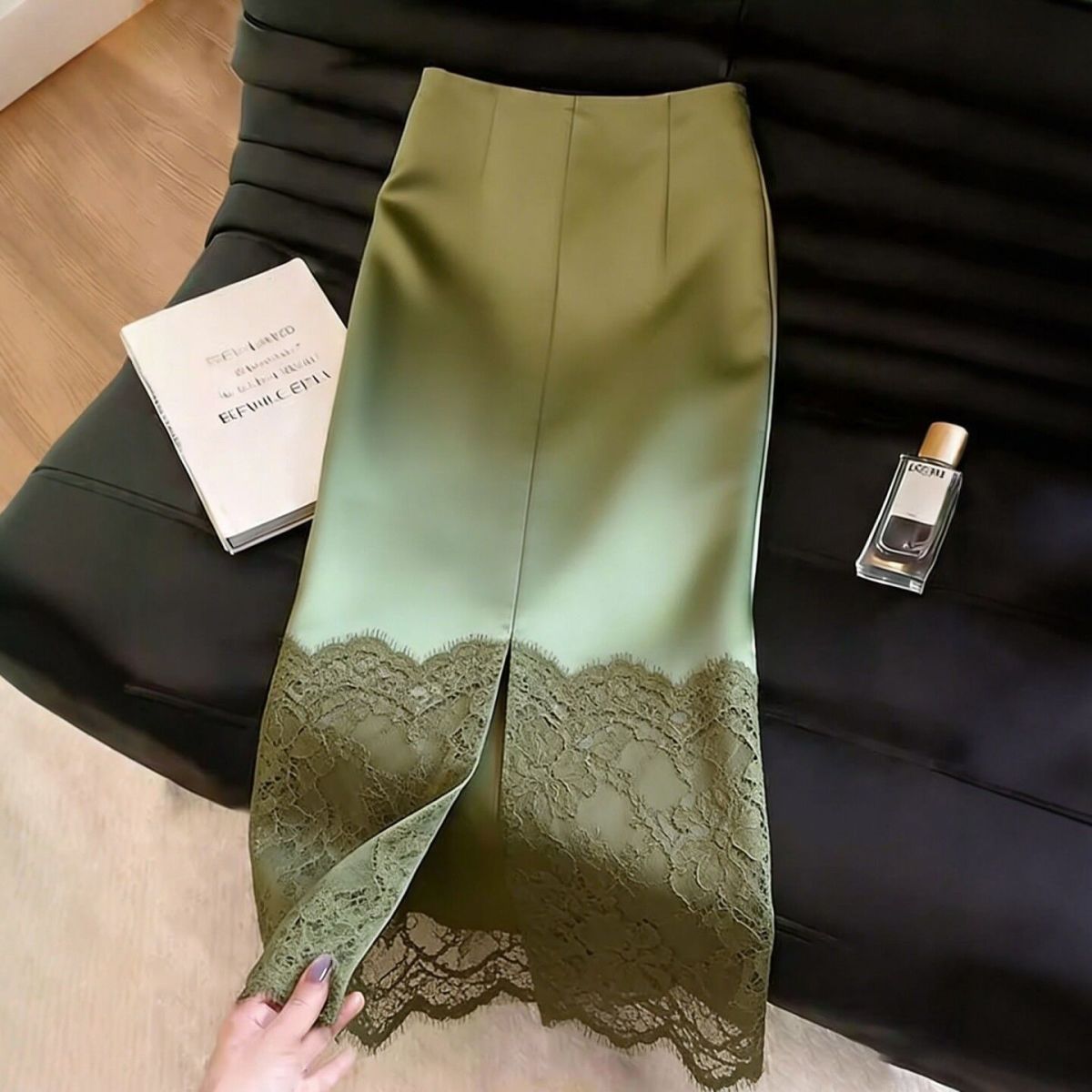 Jupes longues en satin de soie pour femmes, jupes de soirée à patchwork de dentelle, jupes mi-longues droites élégantes et fluides à taille haute, jupes de bureau