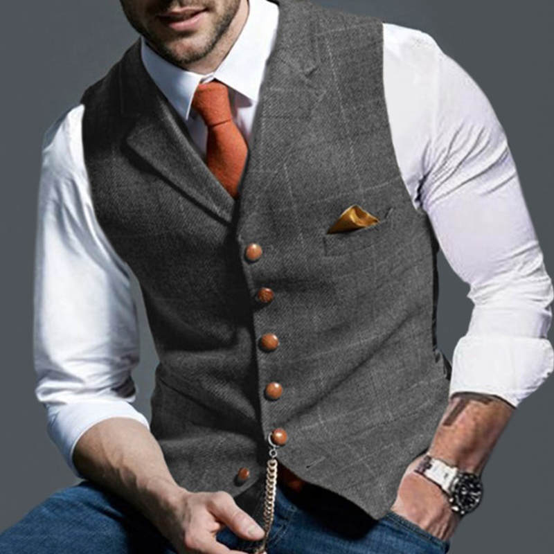Mode hommes gilets revers Tweed Plaid col en v gilet coupe ajustée gilet affaires robe formelle costume décontracté mariage smoking mâle gilet