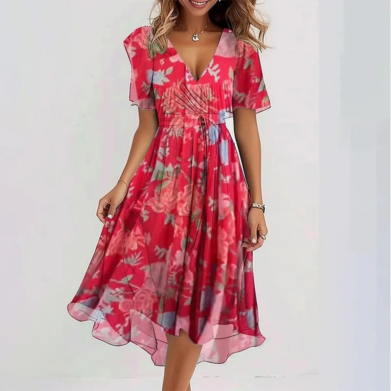 Robe imprimée élégante et tendance pour femme, longueur genou, nouvelle collection 2026, décontractée, ample, col en V, motif floral, robe imprimée femme