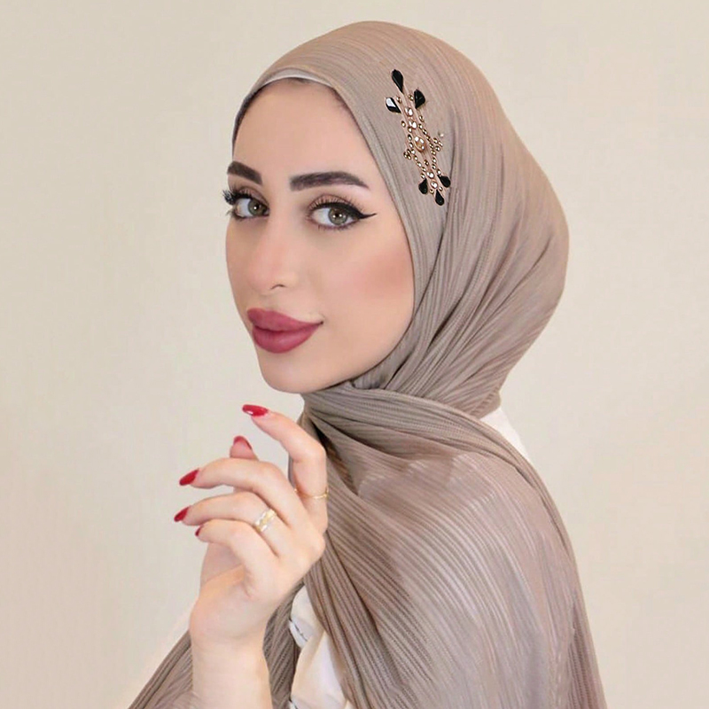 Mode côtelé Jersey Hijab musulman plaine écharpe crêpe strass Hijab doux islamique châles enveloppes bandeau pour les femmes