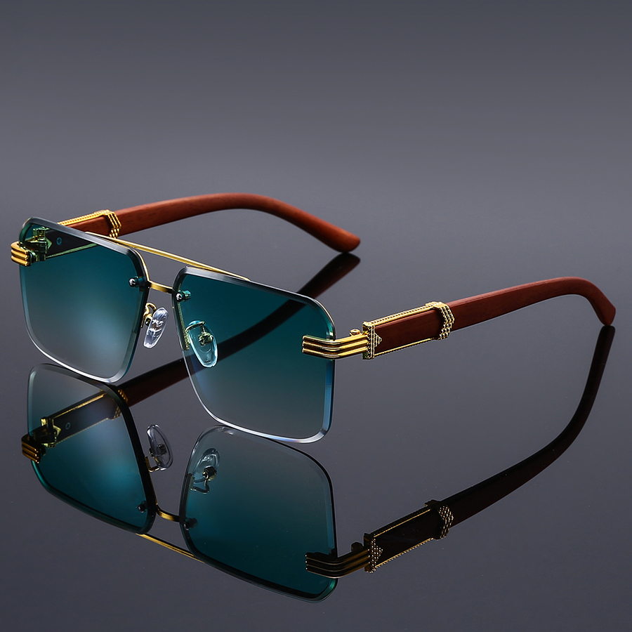 Lunettes de soleil carrées sans monture de luxe pour hommes – Monture dorée avec branches couleur bois, lunettes rétro style business et streetwear pour les passionnés de mode