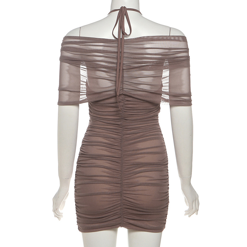 Robe mini moulante sexy pour femme en maille transparente froncée, avec boutons métalliques, épaules dénudées, col en V, dos nu à lacets, style licou, pour soirée et club