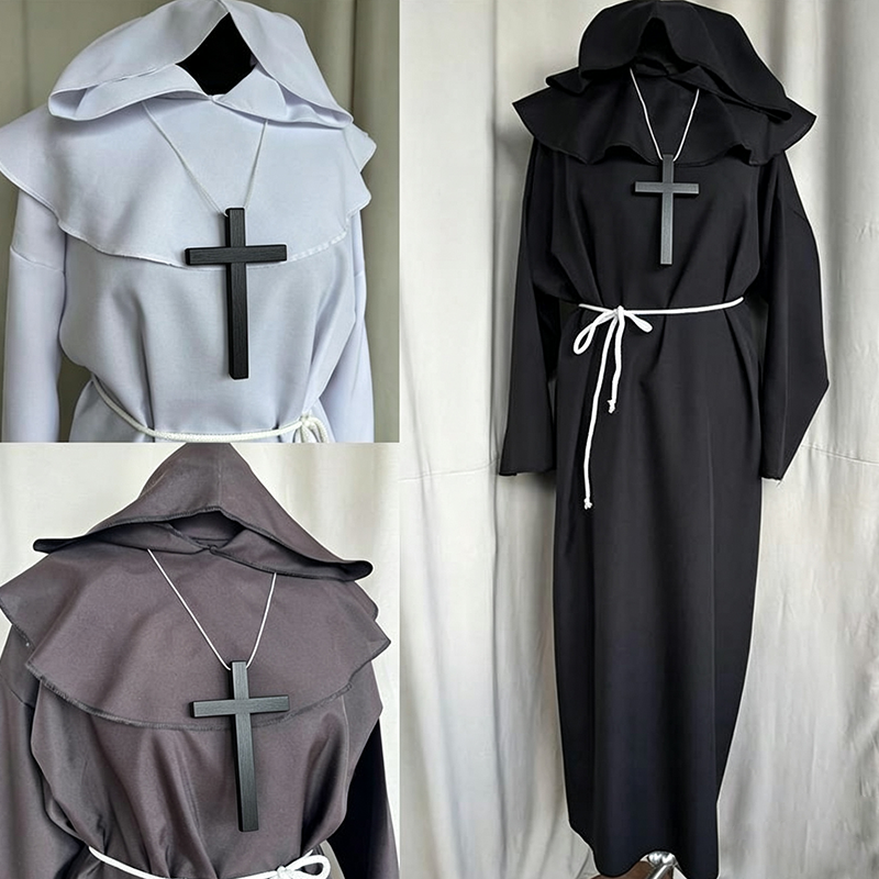 1 ensemble de costume de moine médiéval, de prêtre, de médecin de la peste, ou de cérémonial chrétien pour adulte, comprenant robe, cagoule, cape et châle, idéal pour Halloween