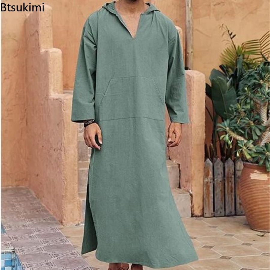 Nouvelle Robe Musulmane 2026 Couleur Unie Rétro Vêtement Islamique Arabe Homme Décontracté Coton Lin Longue Tunique Caftan Moyen-Orient Abayas