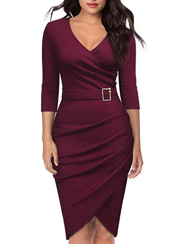 Robe courte moulante élégante pour femmes, manches longues, col en V, coupe cintrée, Robe de travail OL, couleur unie, robes de tous les jours, automne
