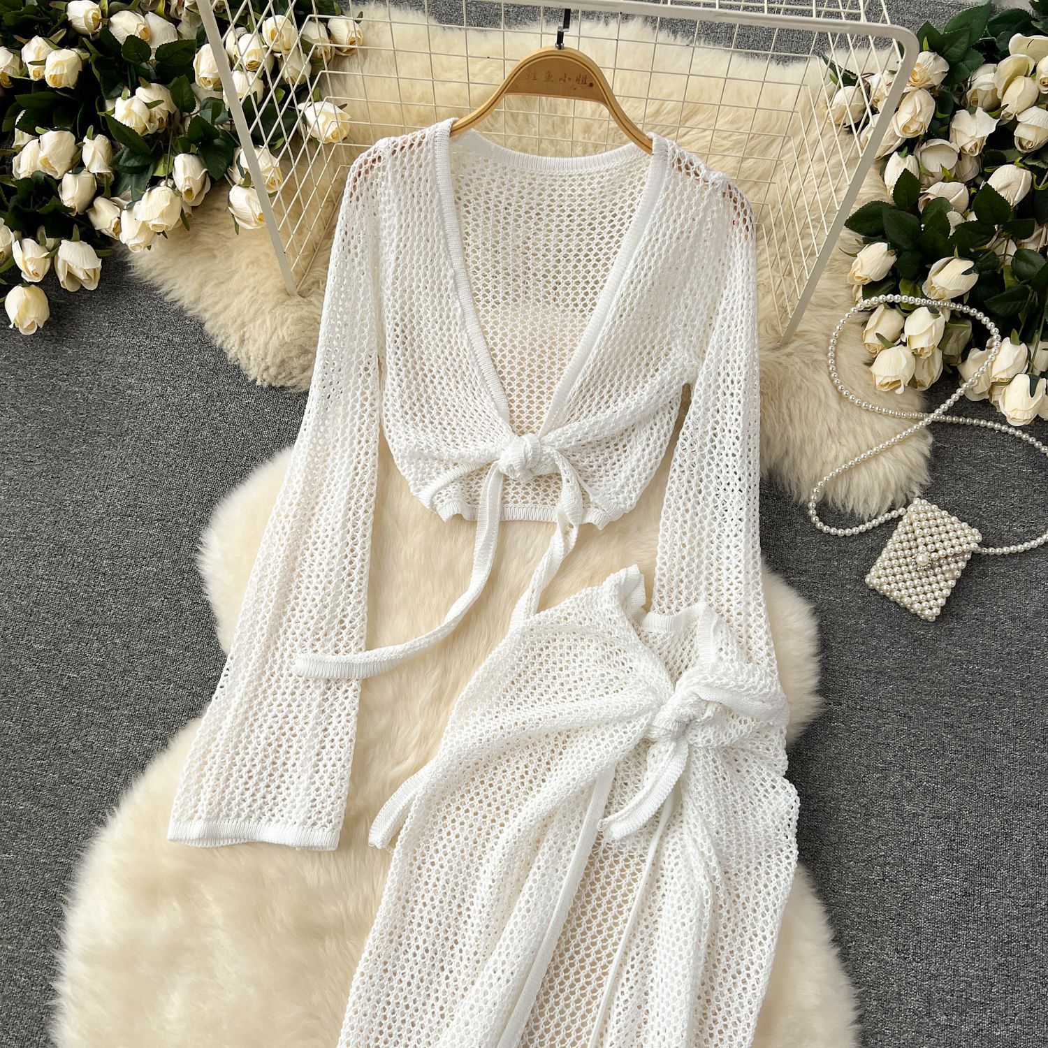 Ensemble 2 pièces tricoté pour femmes, décontracté, tendance, couleur unie, tasses à manches longues, Cardigans, jupes ajourées, vêtements féminins, vacances à la plage