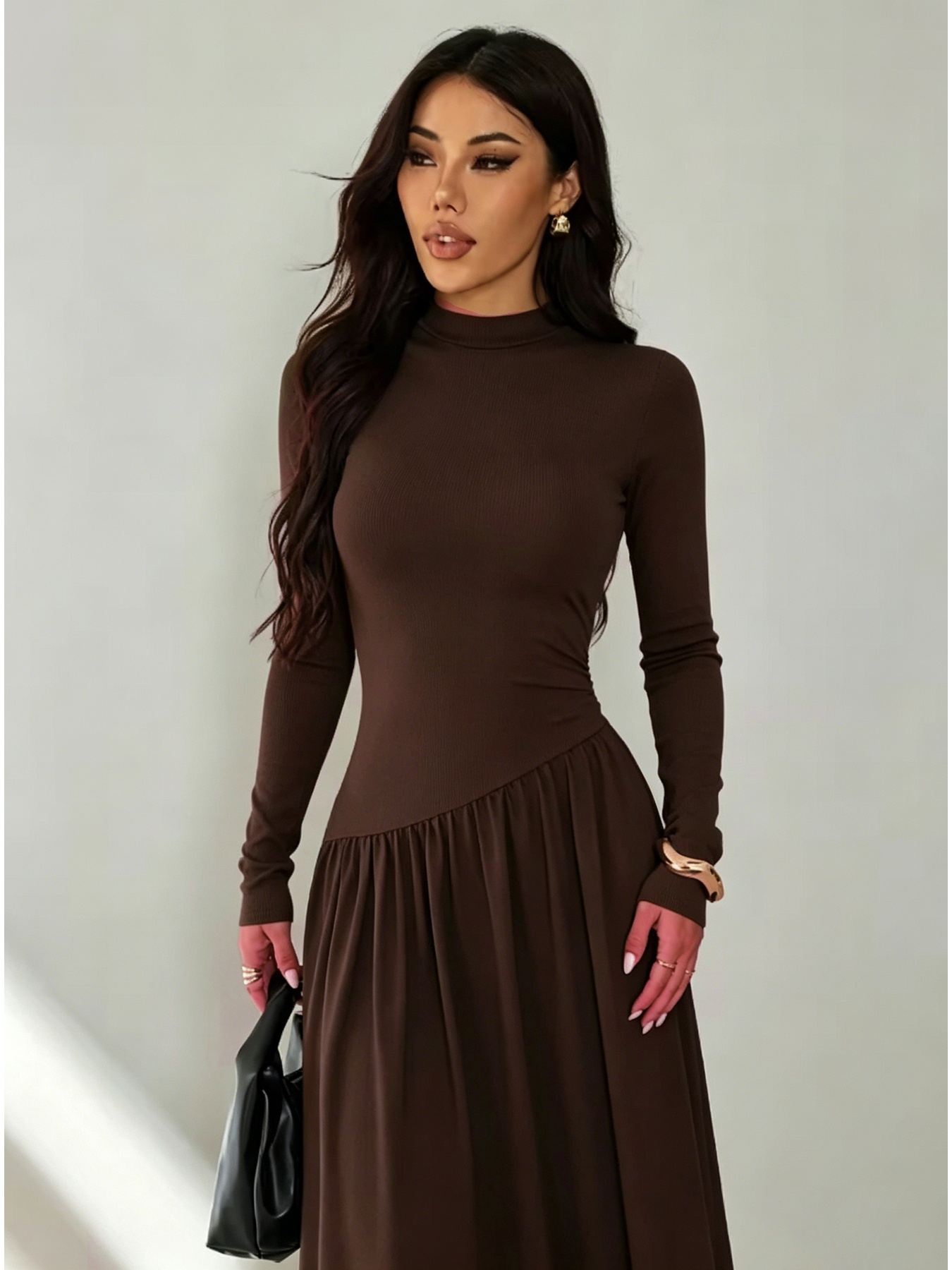 Robe patchwork pour femmes, décontractée, confortable, col rond, col montant, couleur unie, manches longues, jupe longue
