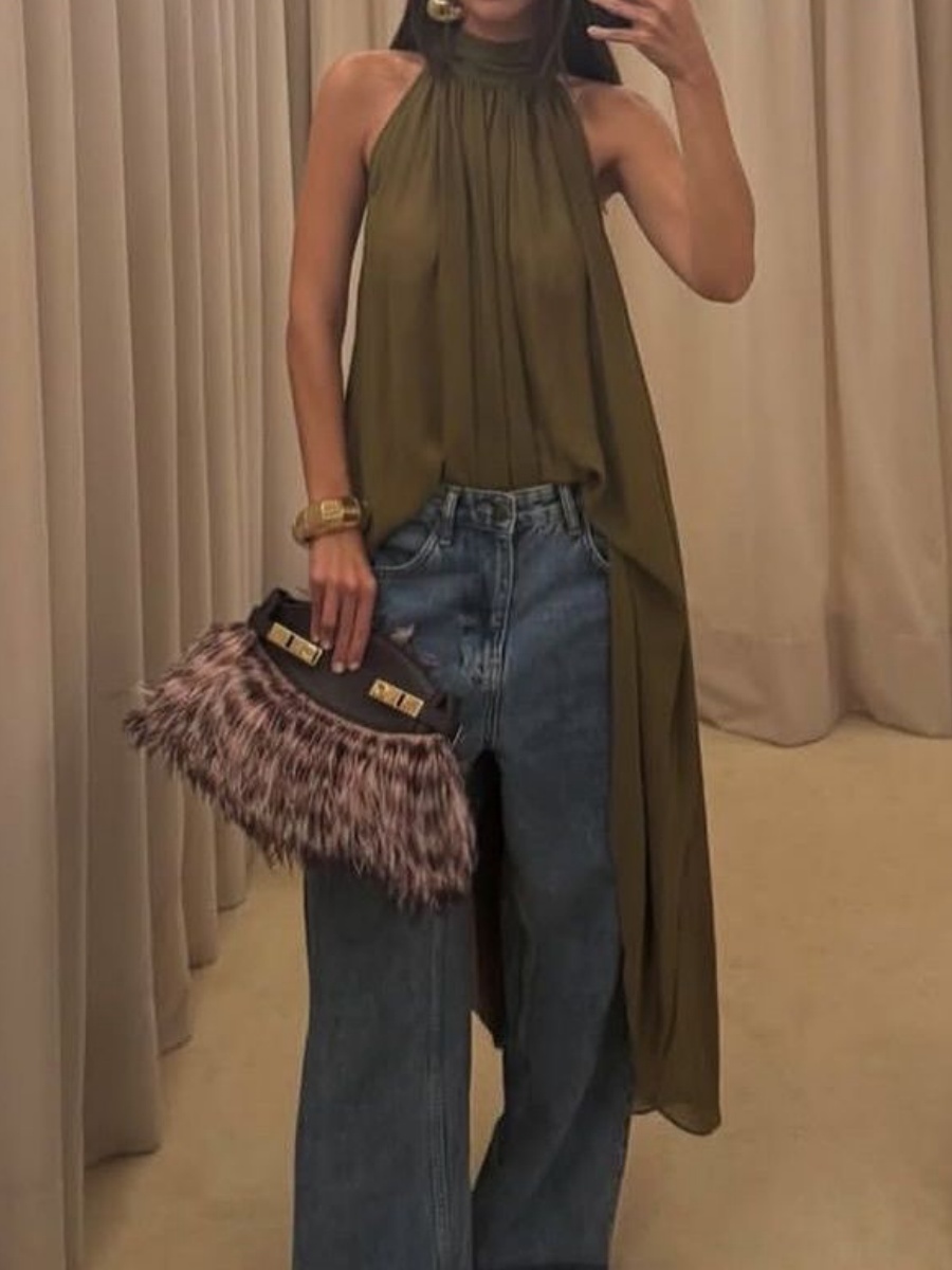 Haut en mousseline à pois vintage Y2K pour femme, chemisier sans manches bohème, tenue streetwear été 2026