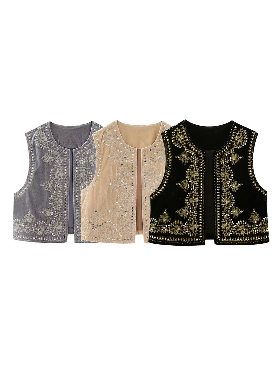 Gilet brodé noir Vintage à motif Floral pour femmes, sans manches, ouvert sur le devant, court polyvalent, vêtements d'extérieur y2k, Cardigan Boho court