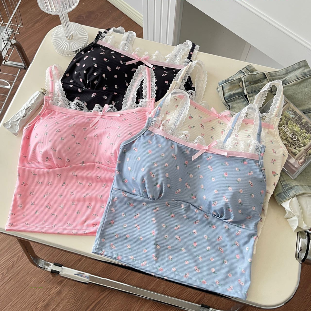 Débardeur court décontracté en soie glacée à motifs floraux, avec coussinets, sans manches, en dentelle, avec nœud, coupe ajustée et élastique, pour fille, style plage