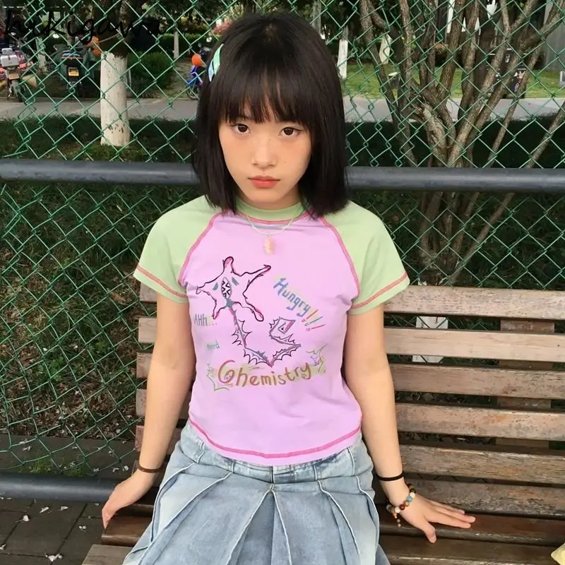 Femmes Vêtements D'été T-shirts Contraste Couleur Décontracté Mode T-shirts O-cou Manches Courtes Tunique Récolte T-shirt 2025 Ropa Mujer Y2k Hauts
