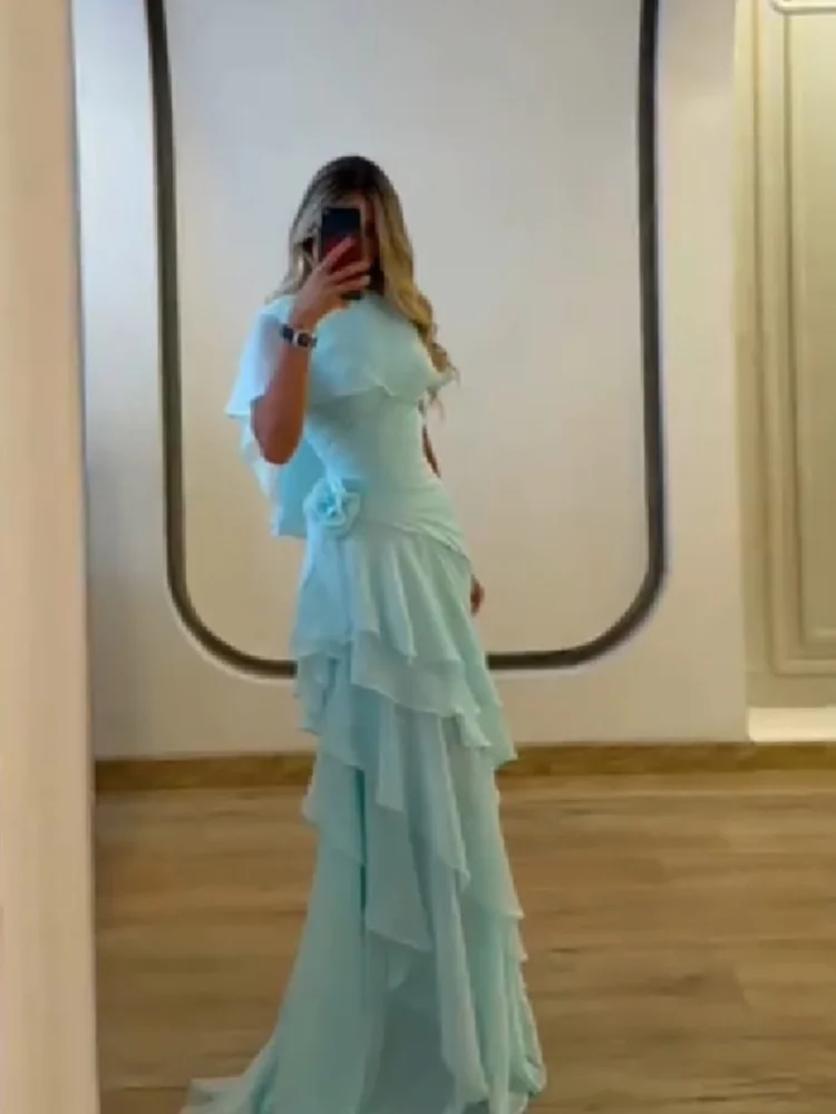 Robe de soirée élégante en mousseline pour femme, avec manches cape chic, jupe à volants étagés, fleurs 3D à la taille, Vestidos 2026, robe de soirée formelle