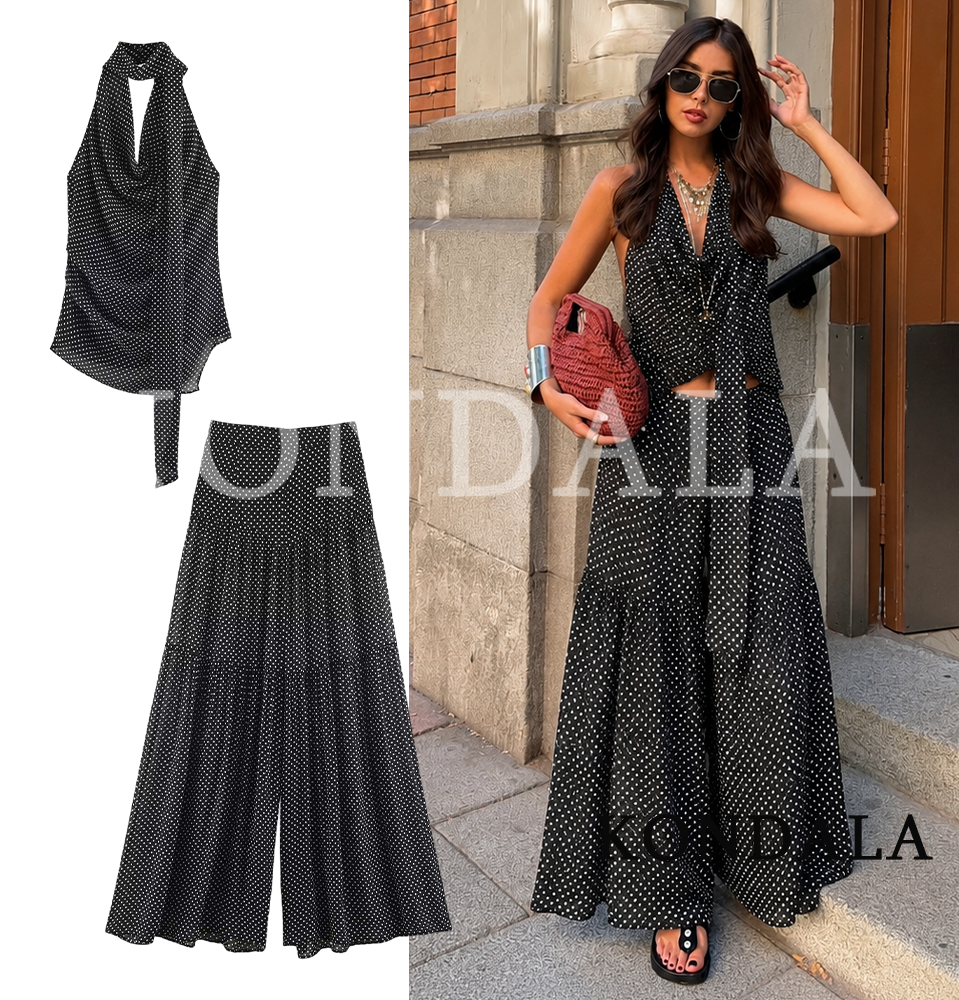KONDALA Ensemble pantalon et haut pour femme, tendance, décontracté, à pois, été 2026, élégant, style urbain, pour les vacances, comprenant un haut dos nu et un pantalon large