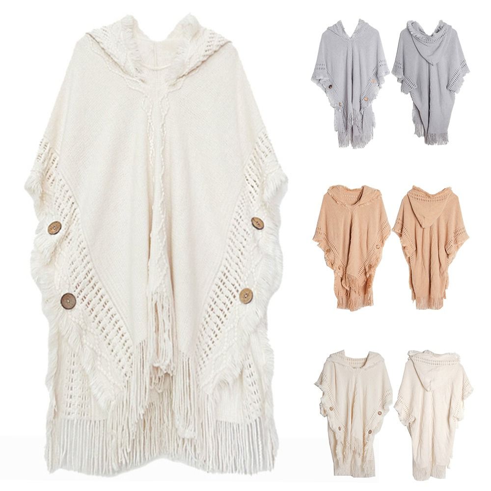 Châle tricoté à capuche bohème élégant et luxueux, chaud pour l'hiver, avec boutons, écharpe-couverture, manteau, cape à franges pour femme