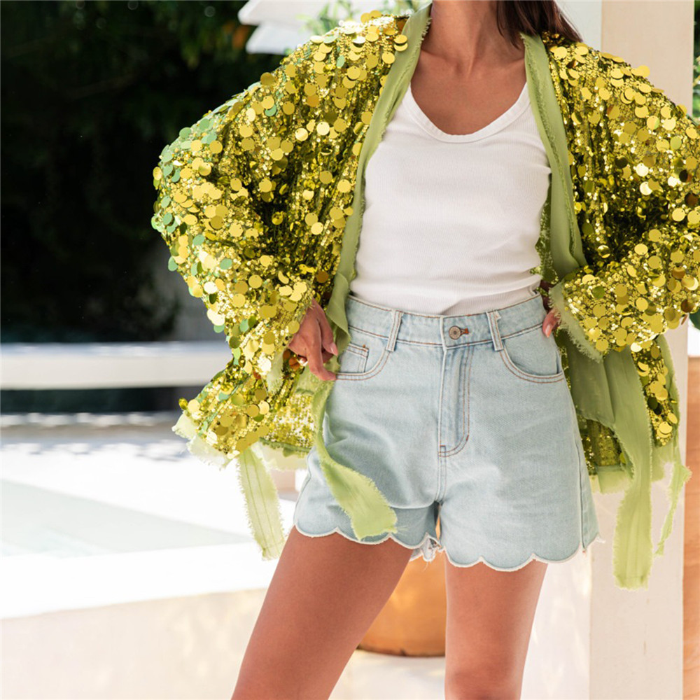 Cardigan à paillettes brillantes pour femmes, tendance, col en V, cravate sur le devant, manteau à manches longues, pull scintillant à la mode, Punk