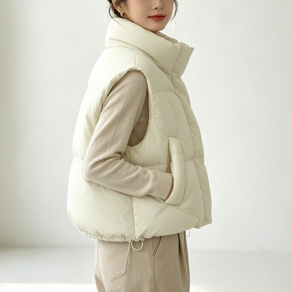 Gilet chauffant de mode coréenne pour femmes, automne-hiver, col montant, avec poches, veste chaude et élégante, veste courte sans manches, style doudoune.