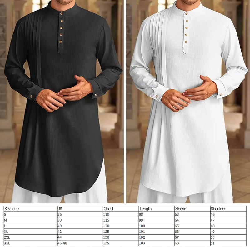 Chemise musulmane pour hommes, col montant, manches longues, Kaftan arabe islamique, couleur unie, Streetwear décontracté, vêtements en coton et lin, nouvelle collection