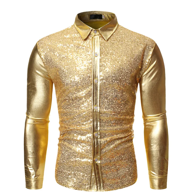Chemises de luxe à paillettes métalliques rouges pour hommes, manches longues, chemise de fête Chang des années 70, costume de Noël et d'Halloween, nouveau, 2024