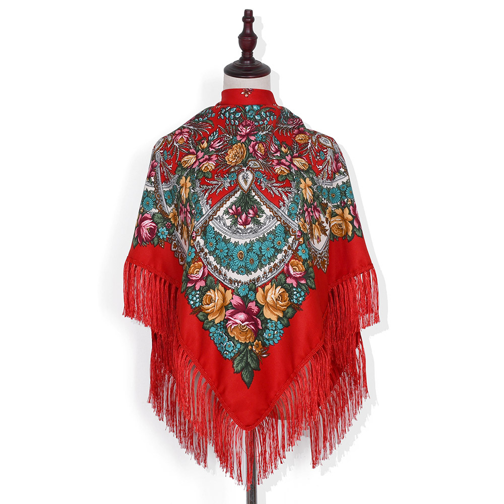 Foulard de Luxe à Imprimé Floral pour Femme, Style Ethnique Russe, Carré, Châle à Franges, Bandana, 135x135cm