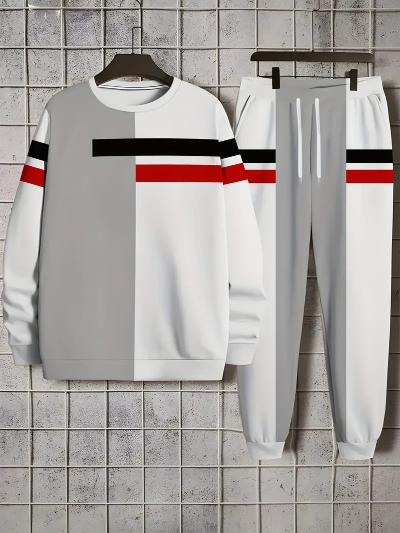 Le nouveau ensemble de sweat-shirt à col rond pour hommes pour le printemps et l'automne 2025 présente une impression de motifs rayés 3D décontractés et confortables