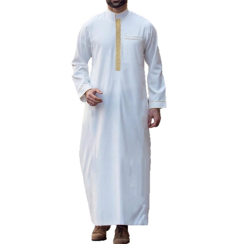 Thobe arabe pour hommes, brodé, à manches longues, coupe ample, Jubbah islamique pour la prière, tenue formelle