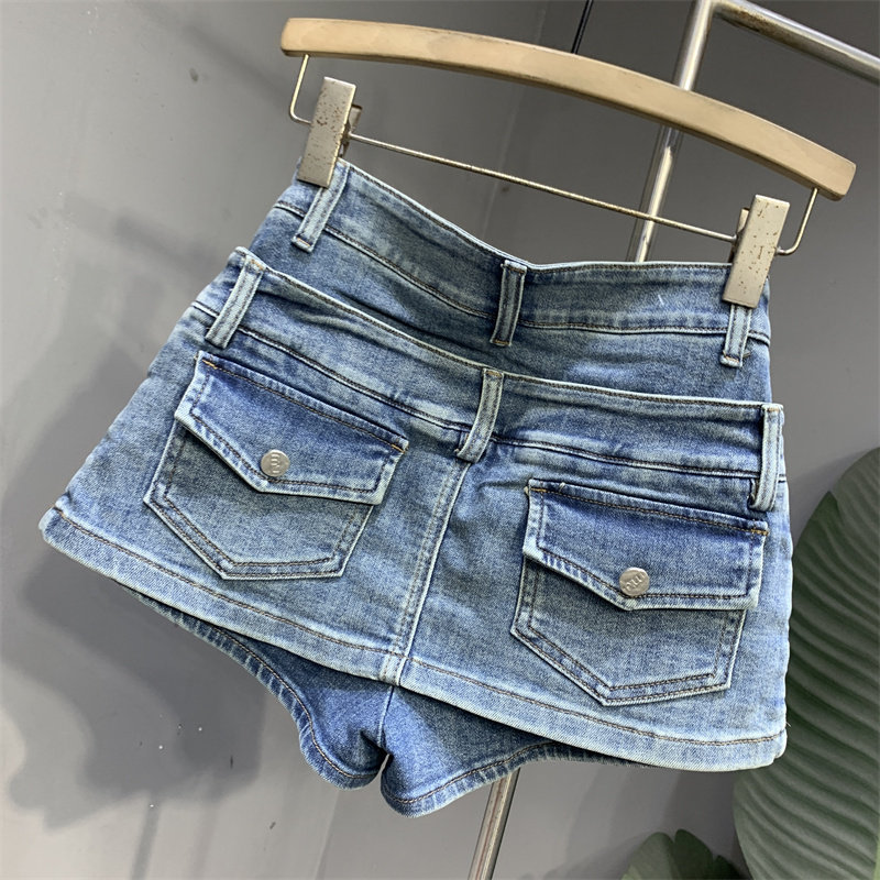 Jupe courte en jean effet deux pièces pour femme, style décontracté américain, délavée, rétro, coupe trapèze, boutonnée, été