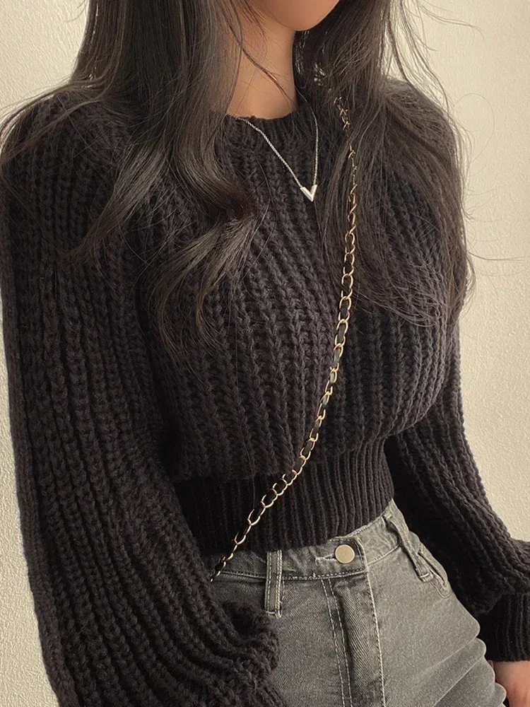 Hiver tricots pull femmes en vrac Vintage Harajuku lanterne à manches longues pull coréen automne femme doux dessus chaud Chic solide