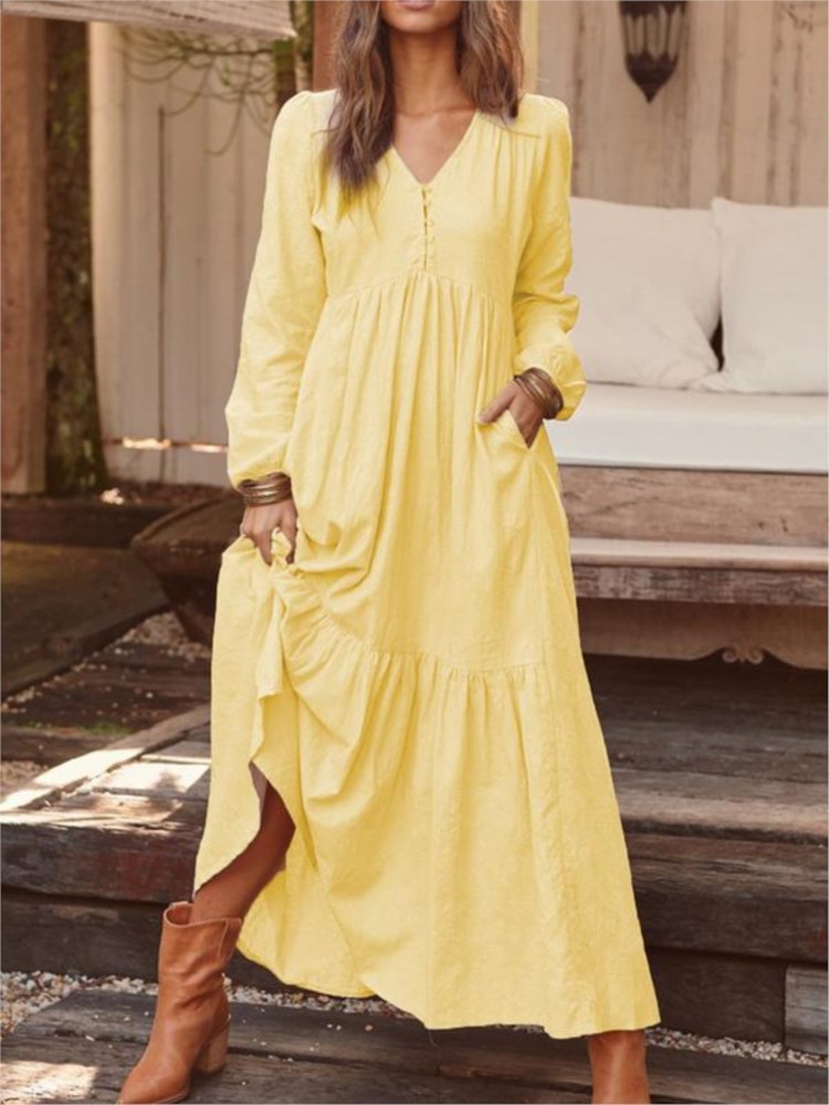 Robe longue en coton et lin pour femmes, Style Vintage, décontractée, col en V, manches longues, ample, Maxi, vêtements élégants pour femmes