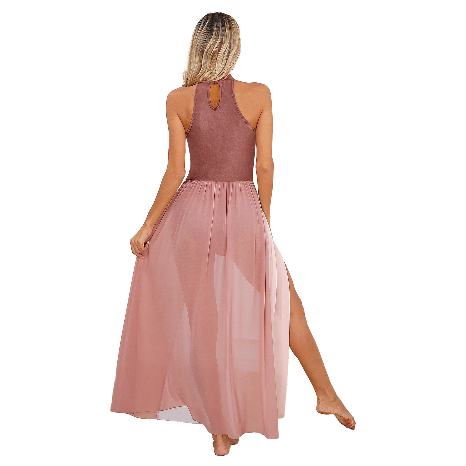 Robe de danse lyrique moderne pour femmes, justaucorps de gymnastique de Ballet, sans manches, fendue, transparente, vêtements de danse contemporains pour spectacle sur scène