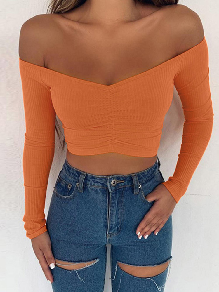 T-shirts pour femmes, sexy et tendance pour les soirées, T-shirt à manches longues, épaules dénudées, couleur unie, T-shirt basique pour femme, automne.