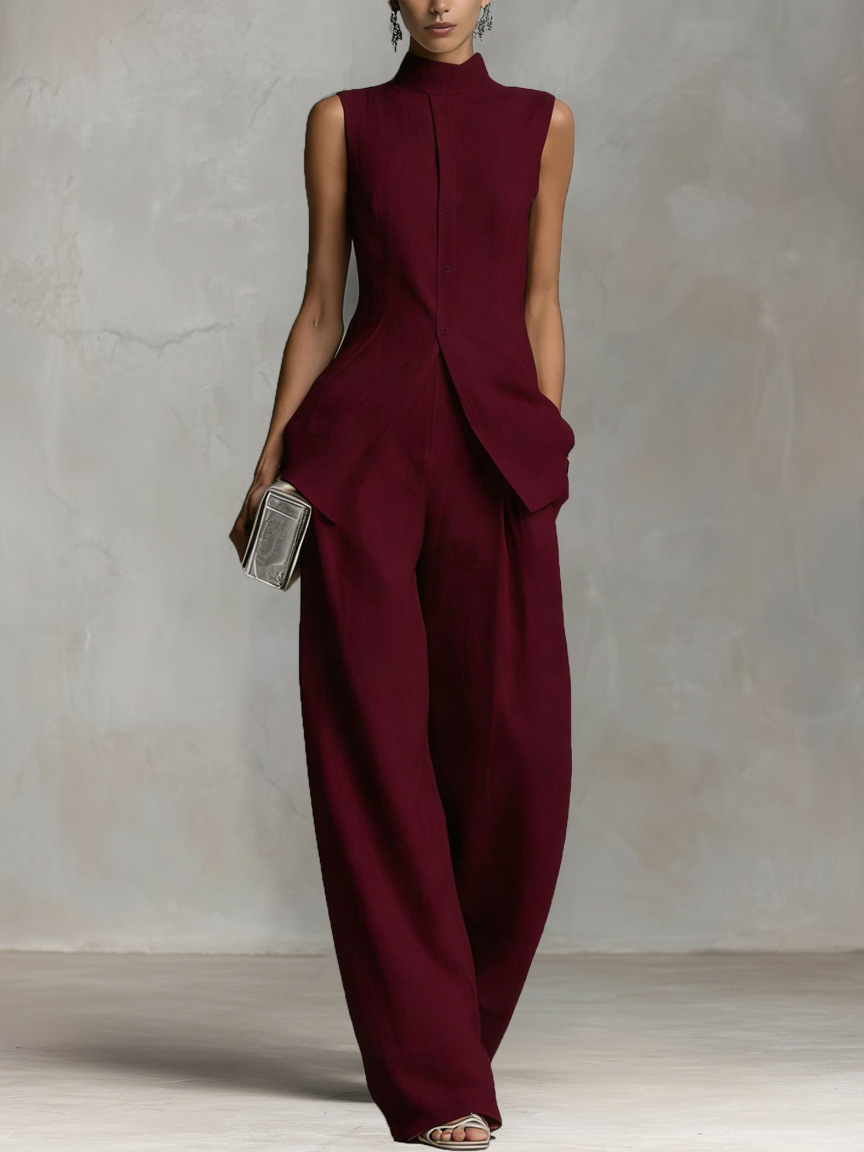 Ensemble élégant formel pour femme, noir, 2 pièces, sans manches, col haut, fermeture boutonnée sur le devant, veste, pantalon large à taille haute