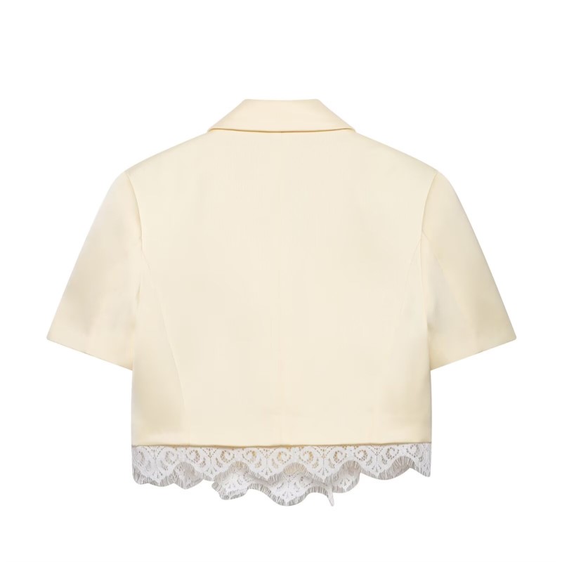Ensemble jupe en satin pour femme, collection Printemps 2026, 2 pièces : Blazer court croisé et jupe-short contrastante en dentelle, tenue féminine