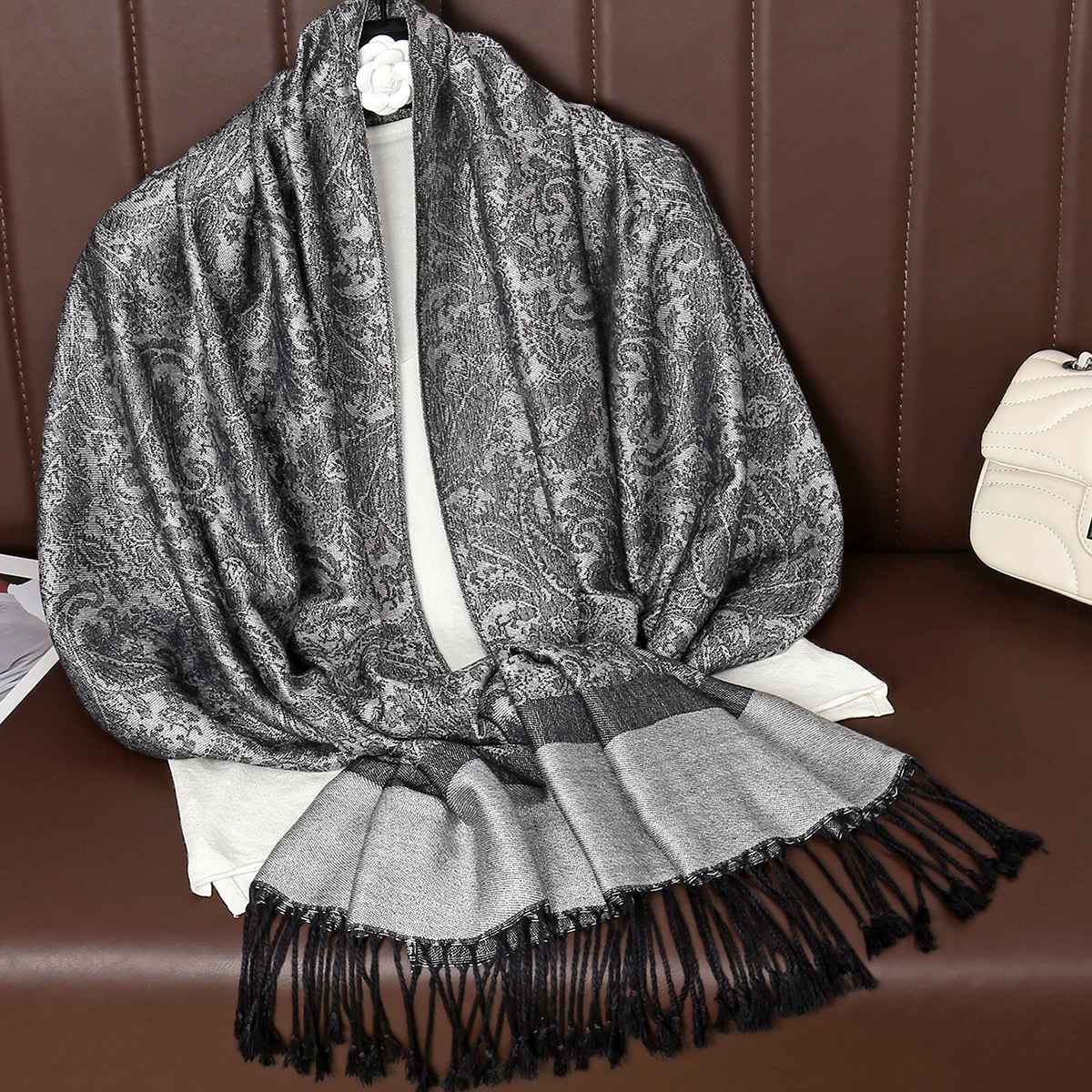 Châle en jacquard cajou à motif cachemire vintage, écharpe à pampilles, style ethnique, pashmina décontracté, à la mode, doux et chaud