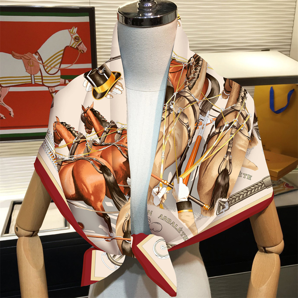 Foulard carré de marque pour femme, en soie imprimé chevaux, châle de plage, hijab, bandana de luxe, foulard de cou, écharpe de tête