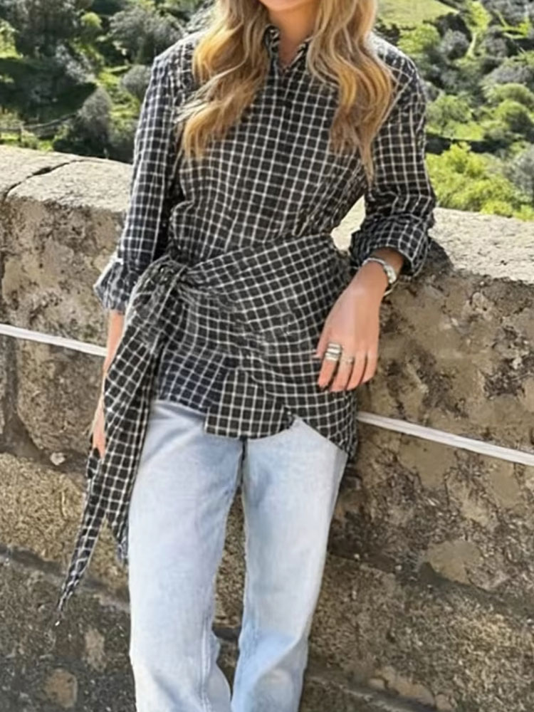Chemisier Élégant Décontracté à Carreaux pour Femme HH Spring, Col Rabattu, Manches Longues, Boutons, avec Foulard, Haut Chic pour Bureau