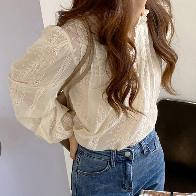 Élégant dentelle femmes mode Blouse nouveau printemps automne à manches longues décontracté bureau chemise ample dames col montant haut Simple vêtements