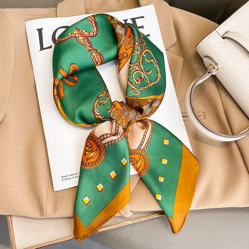Foulard carré à carreaux en soie pour femmes, marque de luxe, Satin, cravate pour cheveux, bande de travail douce, nouvelle tête Hijab, 2021