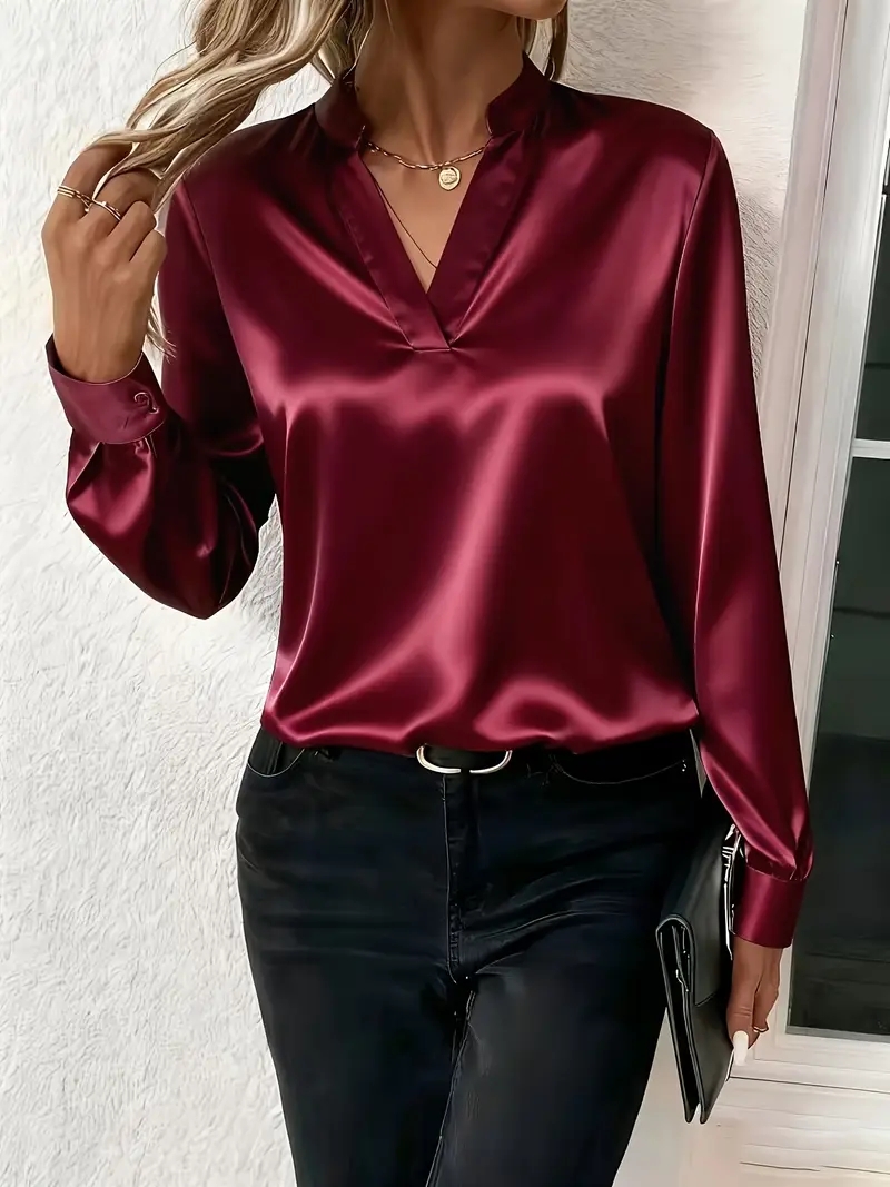 Haut élégant en soie à manches longues et col en V pour femme, parfait pour le bureau et la soirée