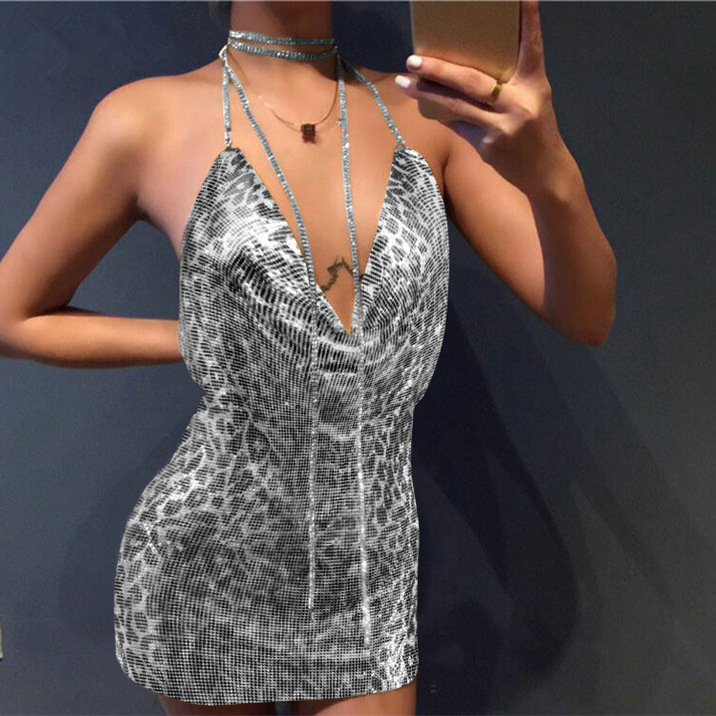 Robe Courte Femme Col V Sans Manches Sexy Paillettes Y2K Streetwear Dos Nu Élégante Soirée Travail Fête 2026